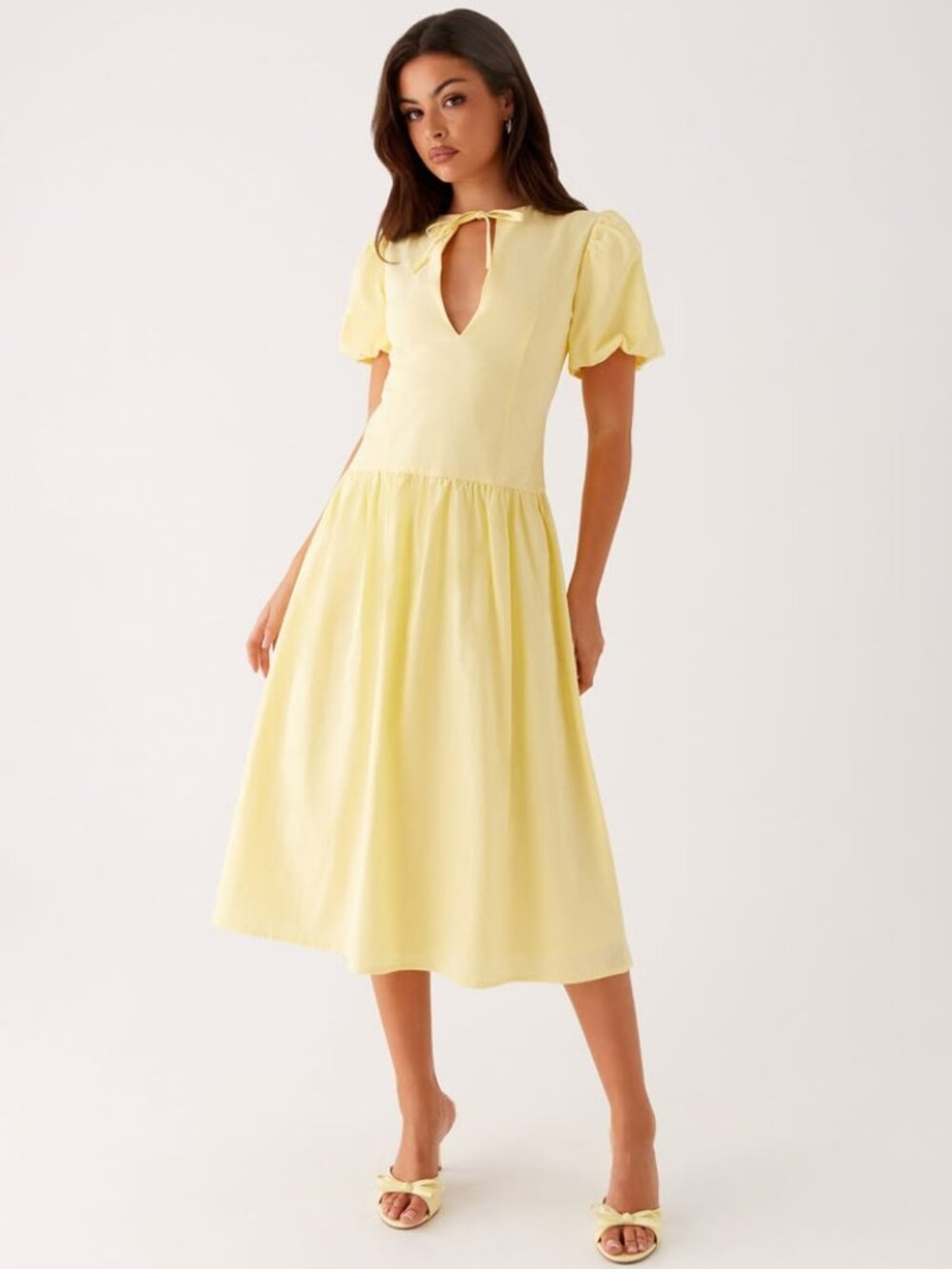 Peppermayo Pale Yellow Puff-Sleeve Tie-Neck Dress